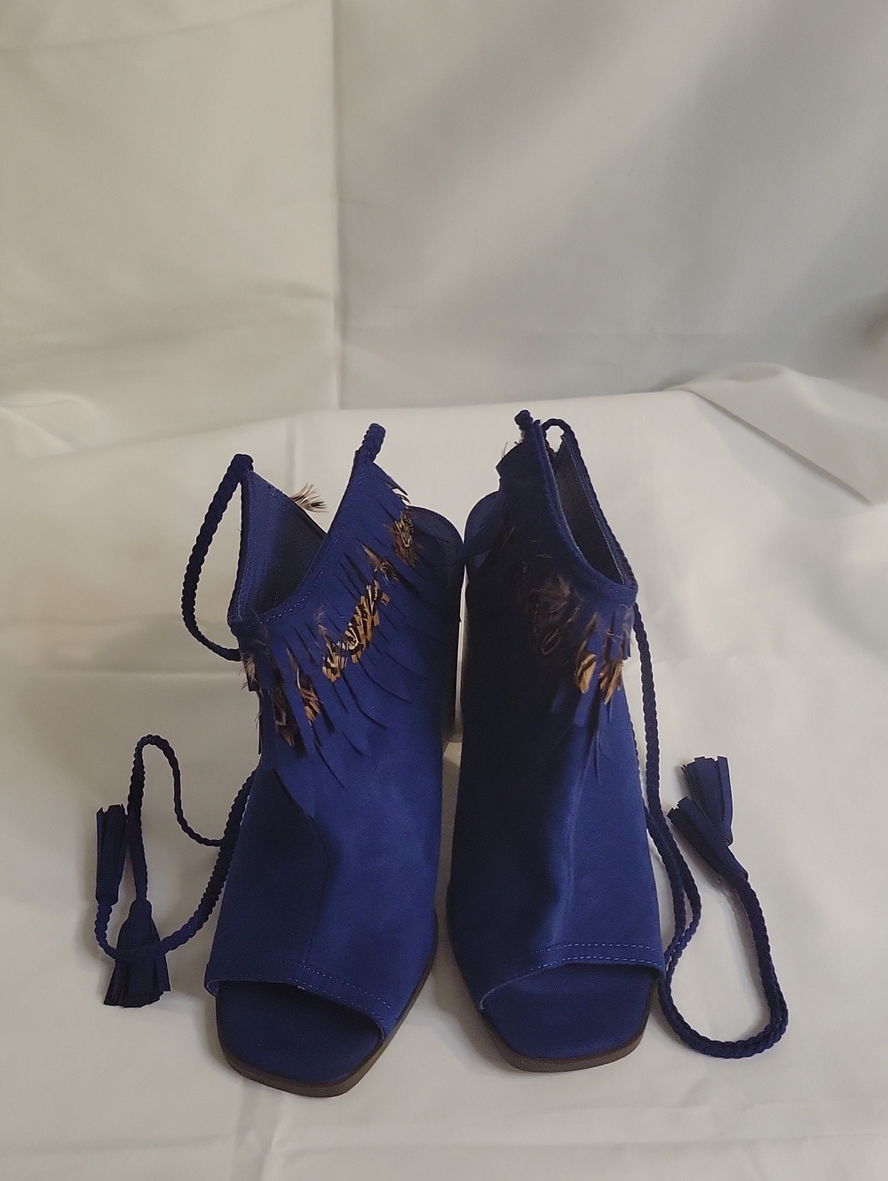 2 Lips Too Cobalt Blue Suede Fringe Peep-Toe Lace-Up Heeled Booties